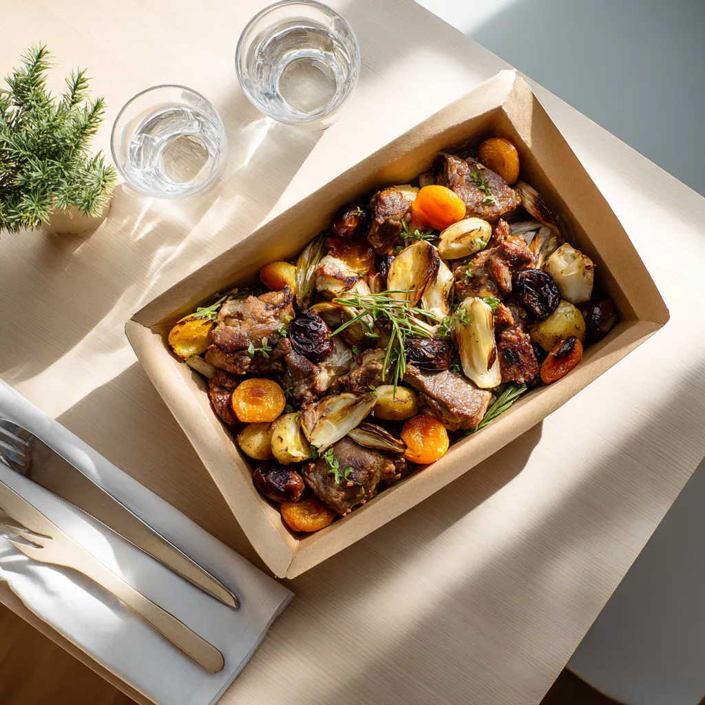 [2625] Agneau et dinde confit aux abricots secs et 5 parfums, poêlée de légumes