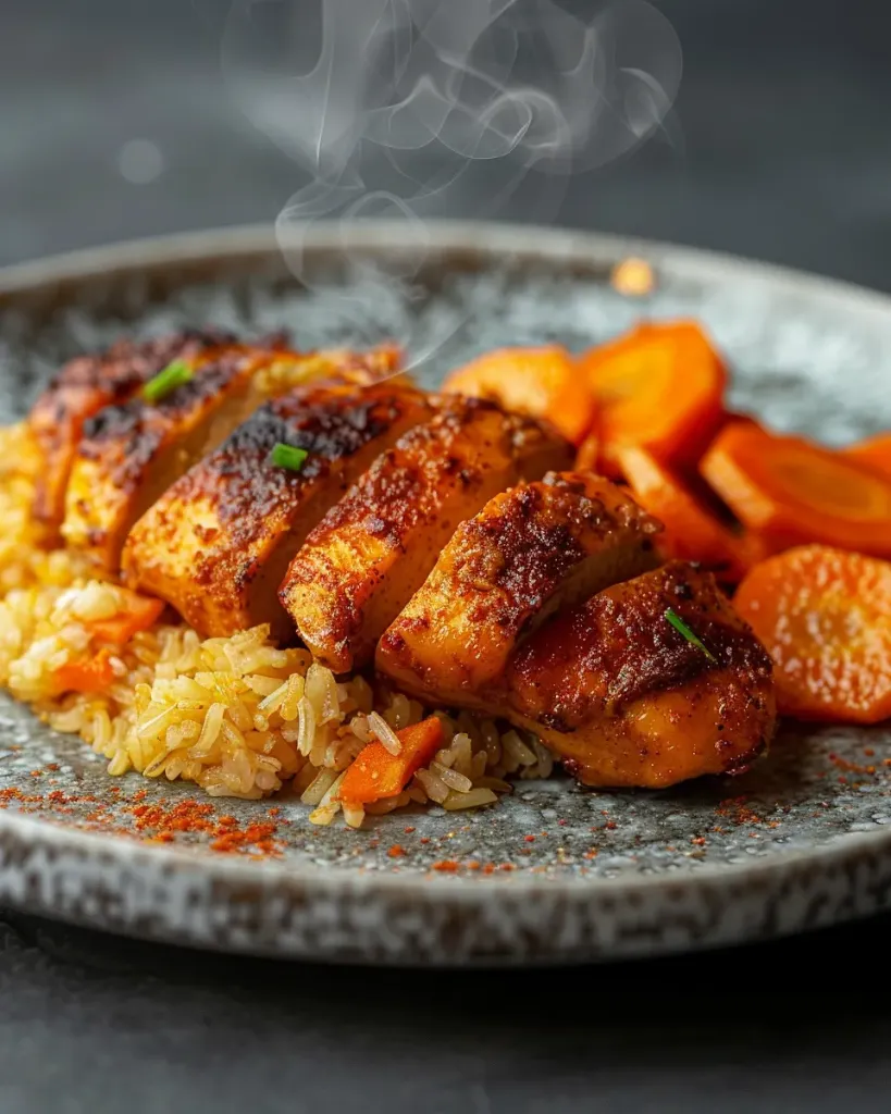 Filet de poulet rôti tandoori, pilaf de boulgour et carottes à l'orange