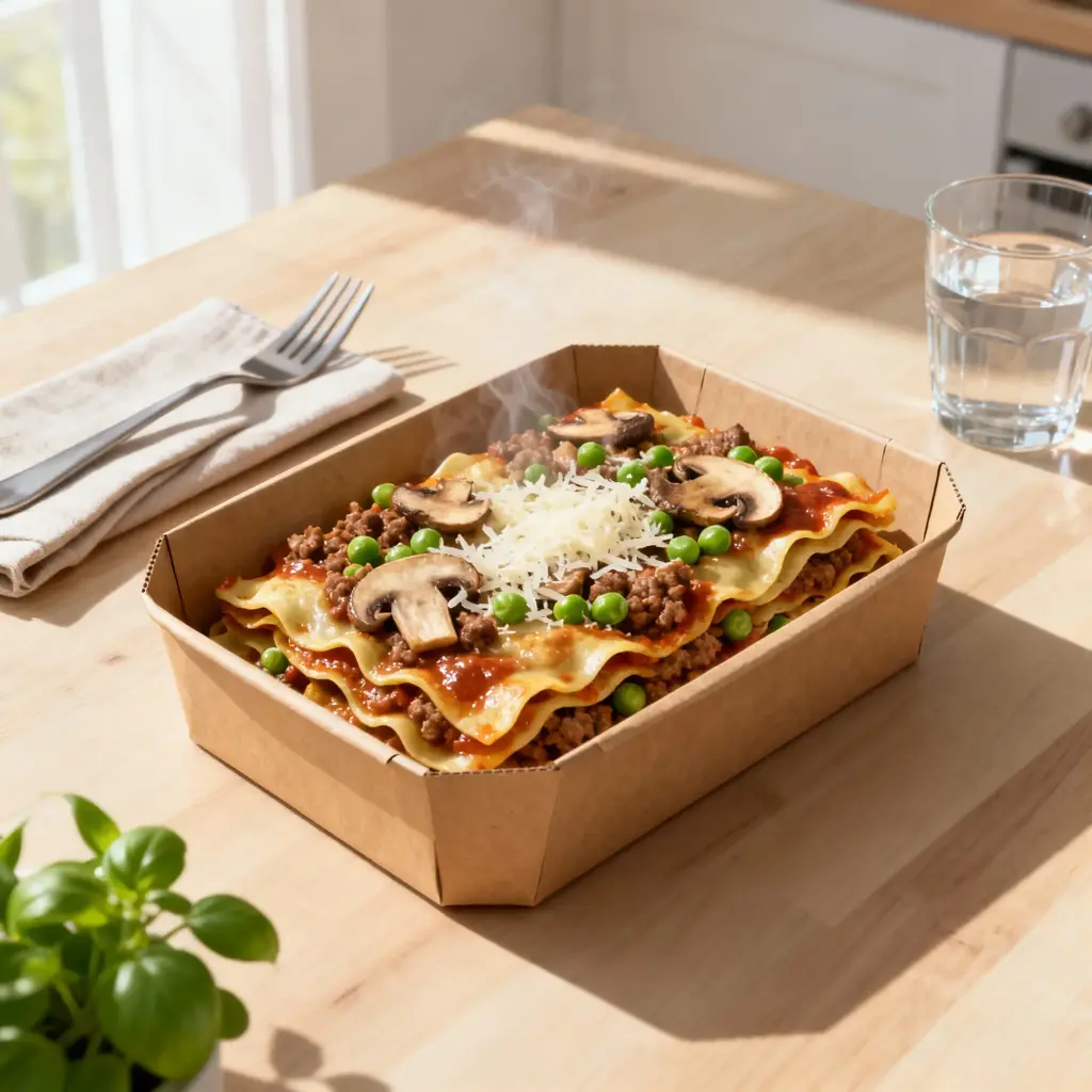 Lasagnes à la Sicilienne (Boeuf, champignons, parmesan, petits pois)