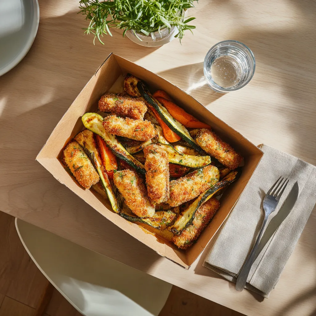 [7656] Pané de blé façon cordon bleu batonets de courgettes grillées et carottes confites au cumin