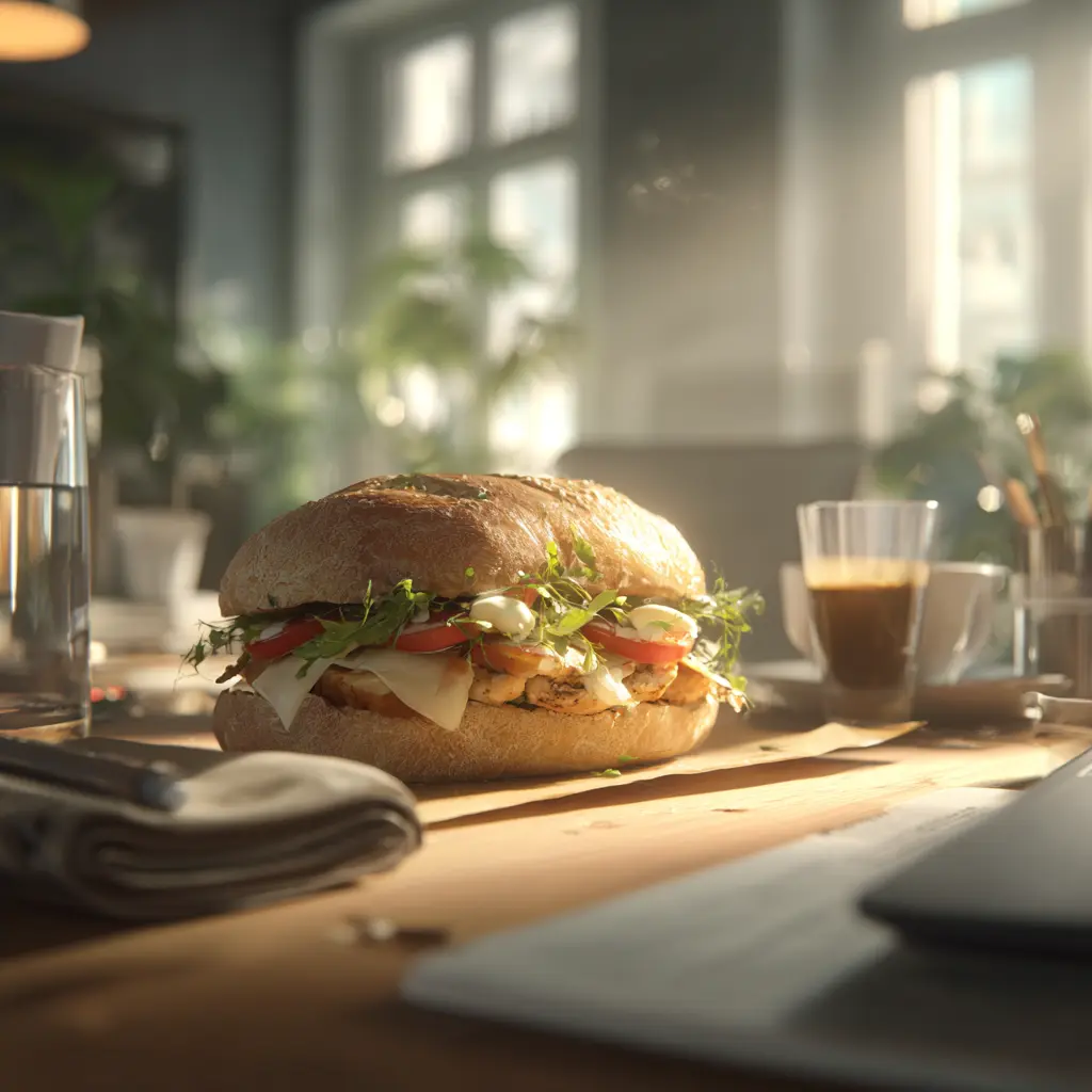 [6161] Pique -Mie "Caesar" (pain bagel, poulet, œuf,  salade, tomates, parmesan, sauce caesar)