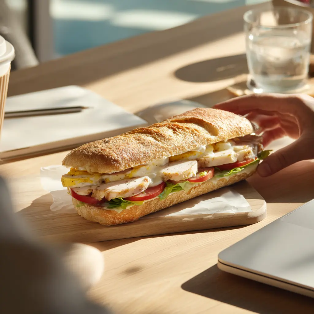 [4350] Pique -Mie "Le Complet Poulet" (baguette sandwich, poulet, oeuf dur, tomate, salade, mayonnaise)