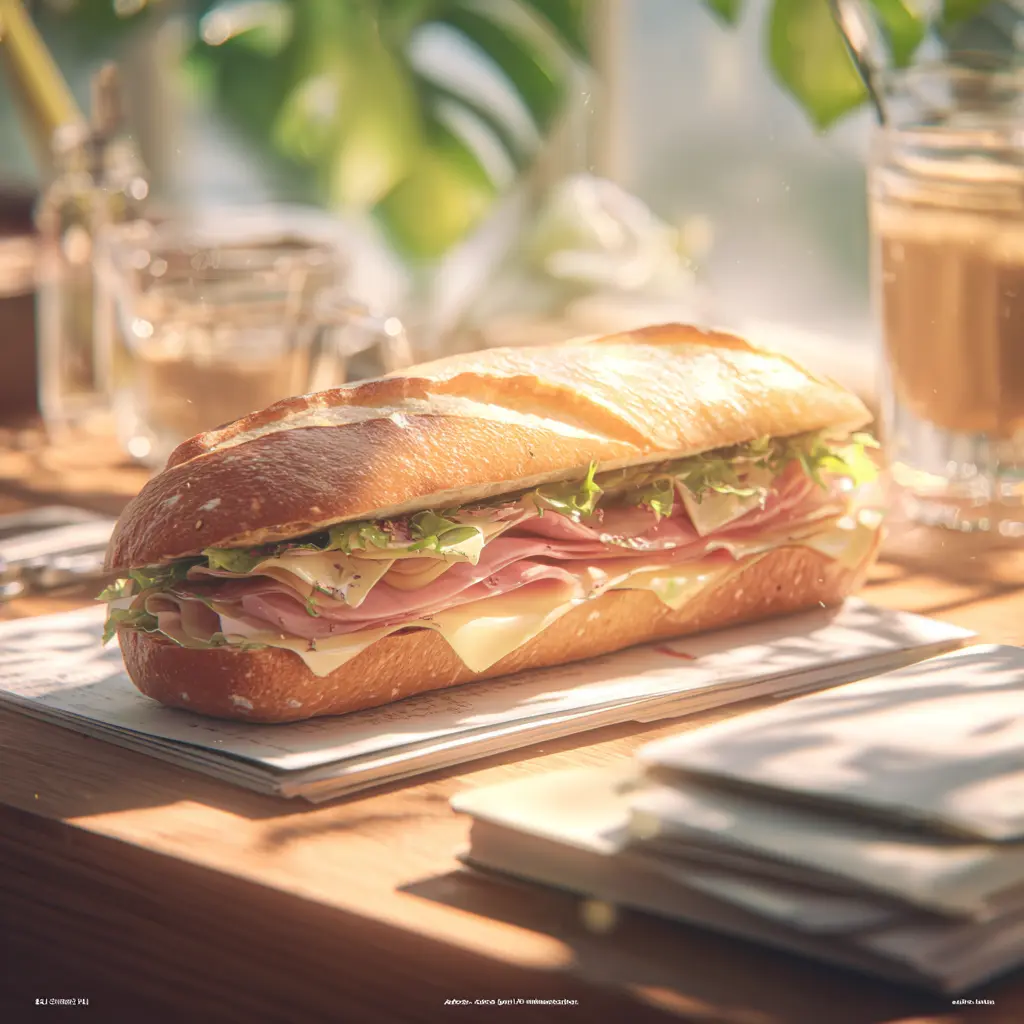 [6882] Pique -Mie "Le Londonien" (baguette sandwich, cheddar, jambon,salade, cornichon, mayonnaise) BIS