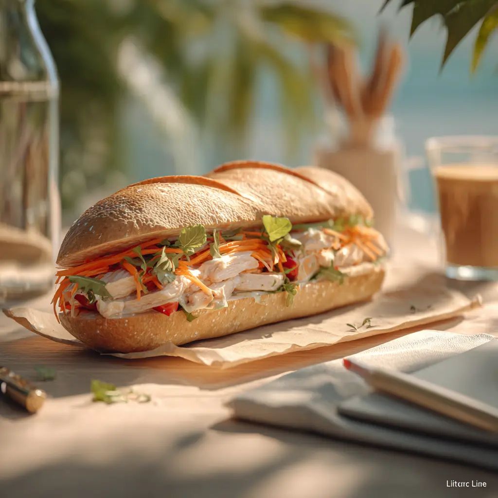 [8017] Pique -Mie "Le Palma " (baguette sandwich, poulet, Sauce yaourt menthe citron, carotte, salade, tomate)
