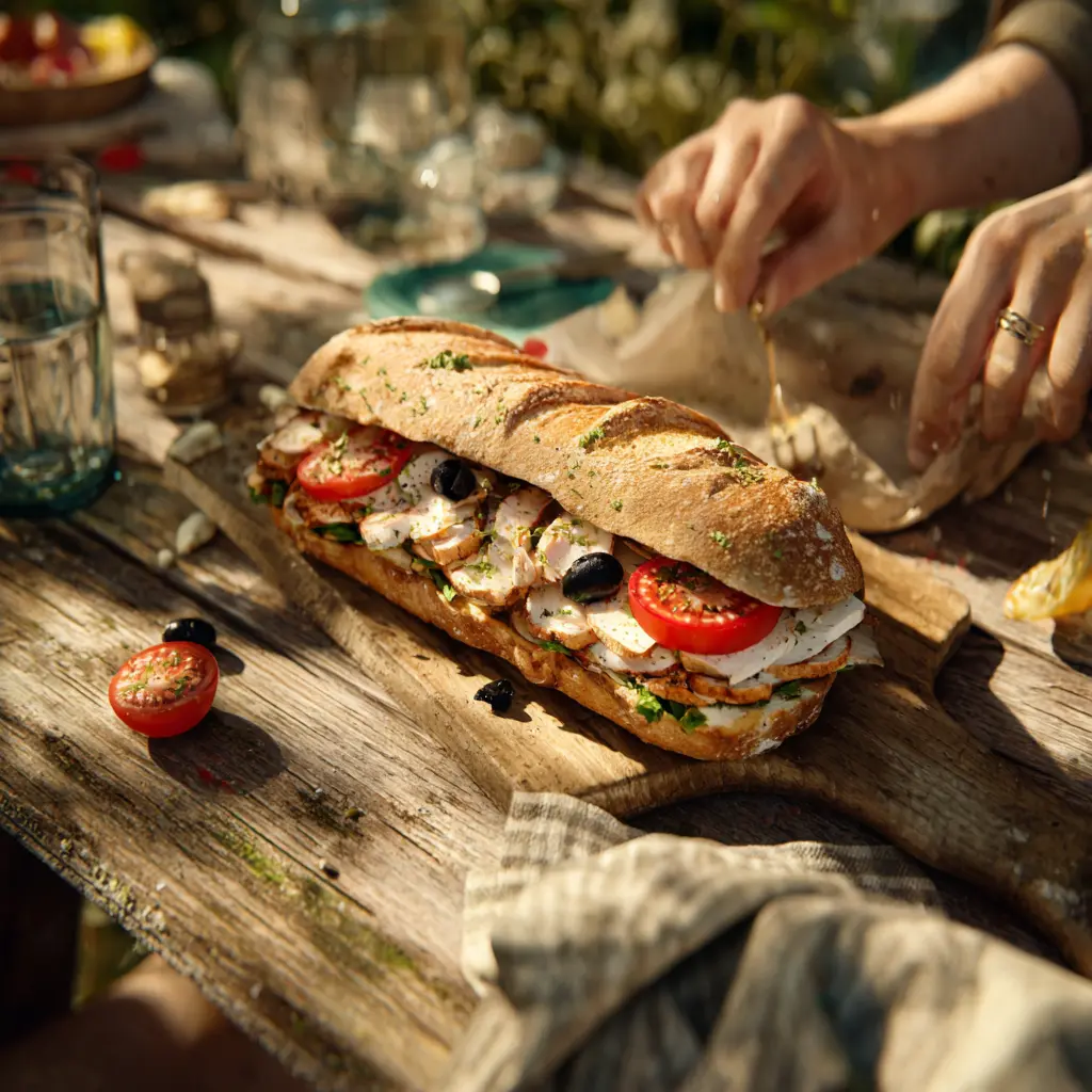 [6398] Pique -Mie "Romain chaud" (ciabatta, poulet, tomates, mozzarella, olives noires, sauce tomatade)