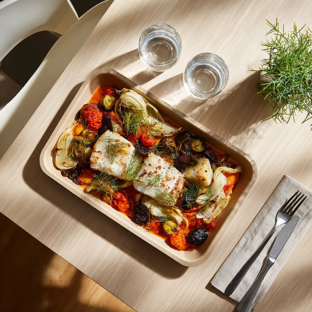 Poisson du jour (lieu noir) coulis de poivrons, fenouil étuvé et poélée de légumes