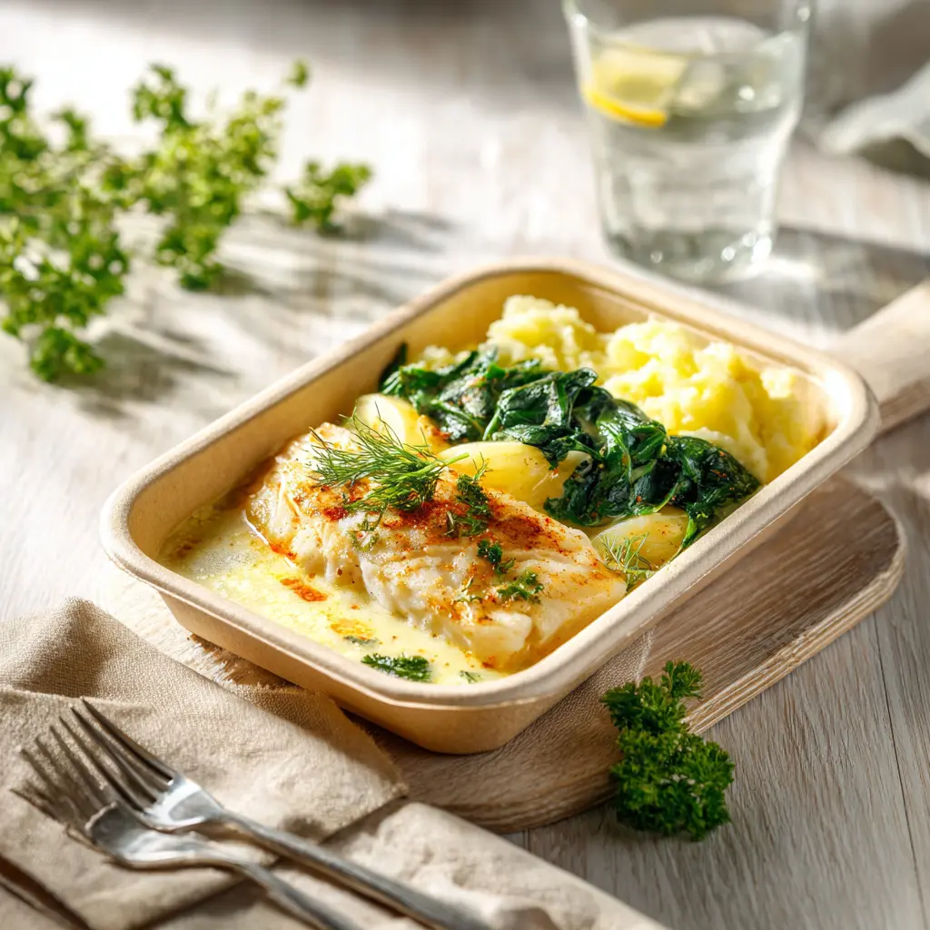 Poisson du jour crème citronnée, purée de pomme de terre et épinard