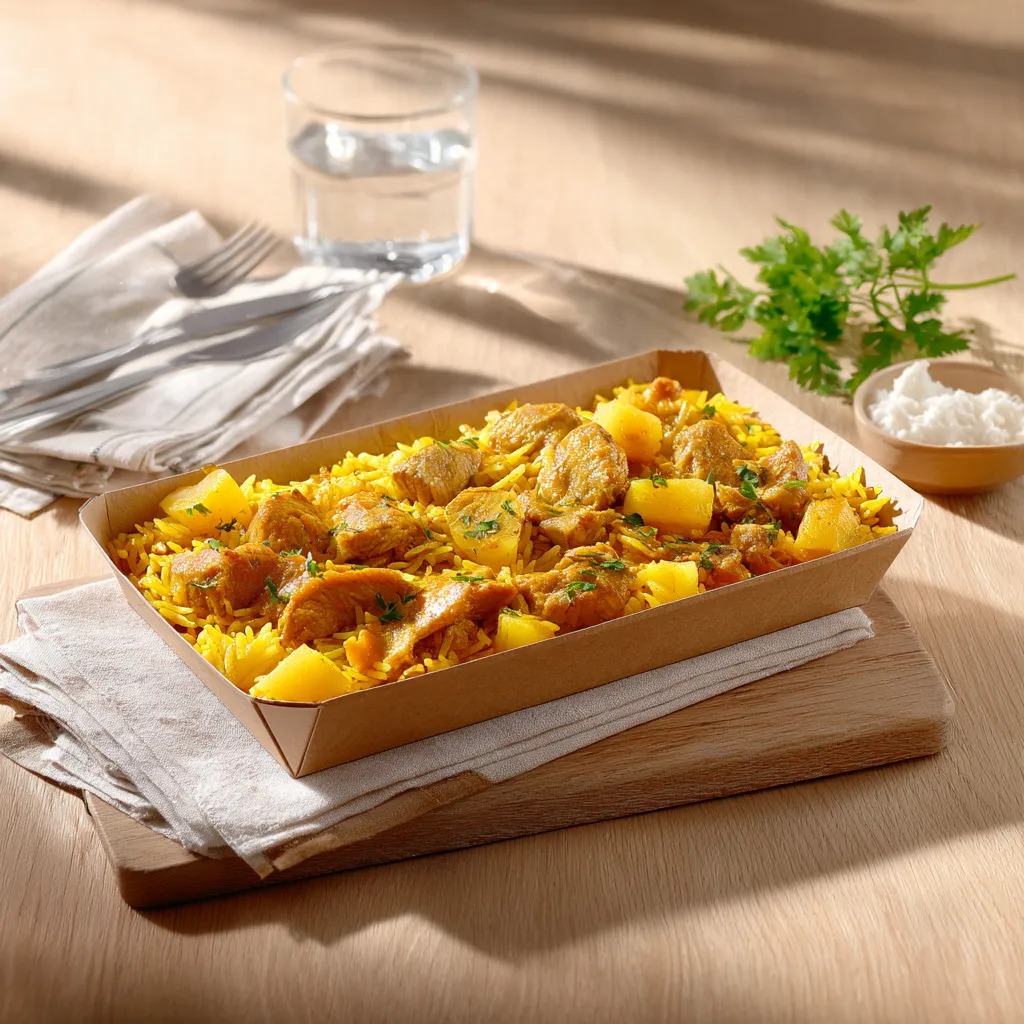 Sauté de dinde à l'ananas et curry, riz madras