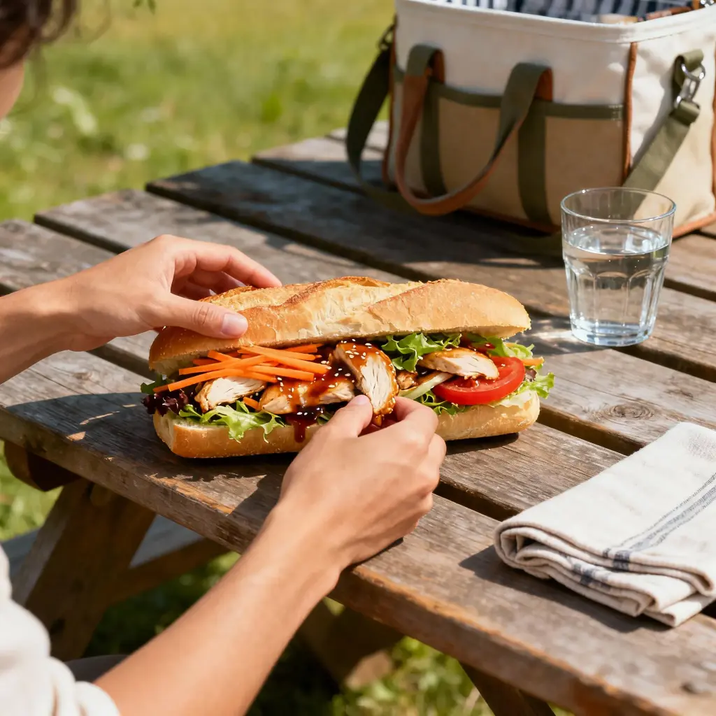 [8028] Pique -Mie "L'Asian " (baguette sandwich, poulet, sauce asian, carotte, salade, tomate)